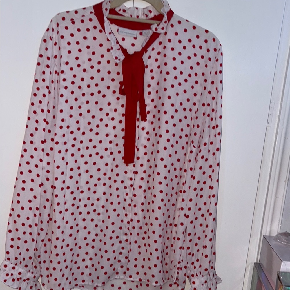 New York & Company Red Tie Front Ruffled Blouse